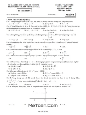 Đề thi học kì 2 môn Toán lớp 12 năm 2019 - 2020 trường THPT chuyên Trần Đại Nghĩa - TP. HCM (Có đáp án)