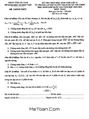Đề thi chọn học sinh giỏi Toán 12 năm 2022 - 2023 sở GD&ĐT Hà Nam