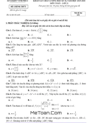 Đề thi học kỳ 2 môn Toán lớp 11 năm 2019 - 2020 sở GD&ĐT Vĩnh Phúc (có đáp án)