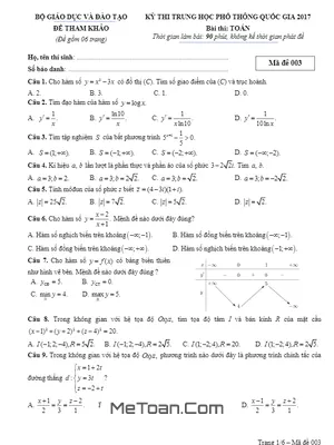 Đề Minh Họa THPT Quốc Gia 2017 Môn Toán - Lần 3 - Bộ GD&ĐT