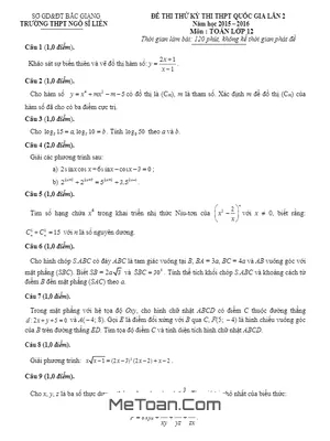 Đề thi thử THPT Quốc gia 2016 môn Toán lần 2 trường THPT Ngô Sĩ Liên - Bắc Giang