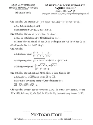 Đề khảo sát chất lượng Toán 10 lần 2 năm 2023 trường Đoàn Thượng - Hải Dương - Có đáp án