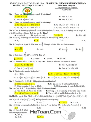 Đề Thi Giữa Kỳ 1 Toán 10 Năm 2023 - 2024 Trường THPT Thạch Thành 1 - Thanh Hóa