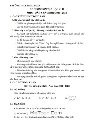 Đề Cương Ôn Tập Học Kì 2 Toán 9 Năm 2023 - 2024 Trường THCS Long Toàn - BR VT