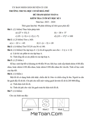 Bộ Đề Tham Khảo Cuối Kỳ 1 Toán 6 Năm 2023 - 2024 Phòng GD&ĐT Củ Chi - TP HCM