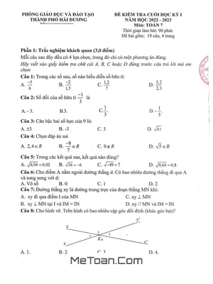 Đề thi học kỳ 1 Toán 7 năm 2022 - 2023 phòng GD&ĐT TP Hải Dương (có đáp án)