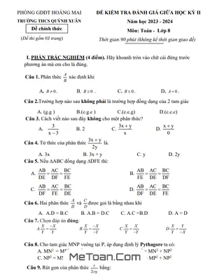 Đề Thi Giữa Kì 2 Toán 8 Năm 2023 - 2024 Trường THCS Quỳnh Xuân - Nghệ An