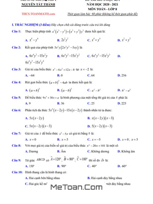 Đề Thi Giữa Kì 1 Toán 8 Năm 2020 - 2021 Trường Nguyễn Tất Thành - Hà Nội