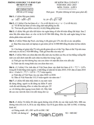 Đề thi học kỳ 1 Toán 9 năm 2022 - 2023 phòng GD&ĐT Củ Chi - TP HCM (có đáp án)