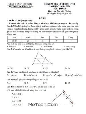 Đề Thi Học Kỳ 2 Toán 8 Năm 2023-2024 Trường THCS Nam Hòa - Thái Nguyên