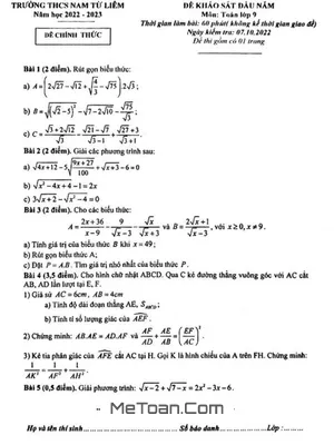 Đề khảo sát đầu năm Toán 9 năm 2022 – 2023 trường THCS Nam Từ Liêm – Hà Nội