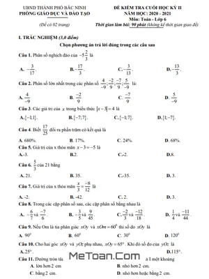Đề kiểm tra cuối kỳ 2 Toán 6 năm 2020 - 2021 phòng GD&ĐT thành phố Bắc Ninh