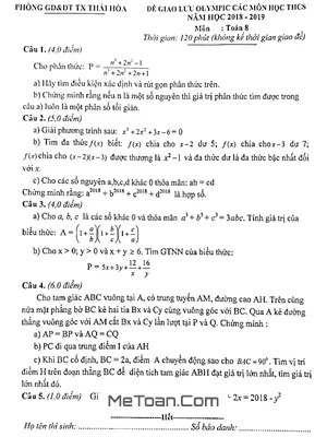 Đề Olympic Toán 8 Năm 2018 - 2019 Phòng GD&ĐT TX Thái Hòa - Nghệ An
