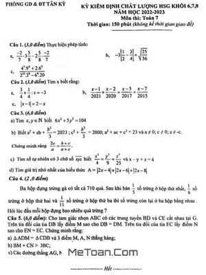 Đề thi HSG Toán 7 năm 2022 - 2023 phòng GD&ĐT Tân Kỳ - Nghệ An