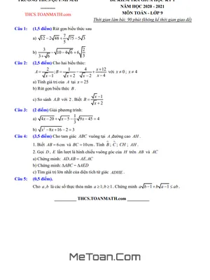 Đề thi giữa kì 1 Toán 9 năm 2020 - 2021 trường THCS Quỳnh Mai - Hà Nội