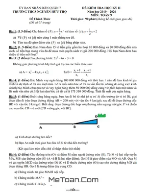 Đề thi HK2 Toán 9 năm 2019 - 2020 trường THCS Nguyễn Hữu Thọ - TP HCM