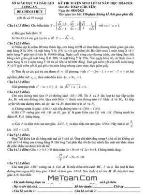 Đề thi tuyển sinh lớp 10 môn Toán (chuyên) năm 2023 - 2024 Sở GD&ĐT Long An