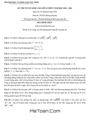 Đề thi tuyển sinh lớp 10 môn Toán (không chuyên) năm 2022 - 2023 Sở GD&ĐT Tây Ninh
