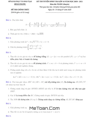 Đề thi tuyển sinh lớp 10 môn Toán (chuyên) năm 2020 - 2021 Sở GD&ĐT Bình Phước