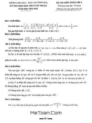 Đề thi HSG Toán 9 cấp thị xã Ninh Hòa - Khánh Hòa năm học 2022 - 2023