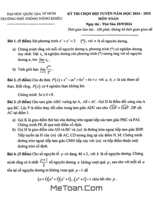 Đề chọn đội tuyển Toán năm 2024 - 2025 trường Phổ thông Năng khiếu - TP HCM