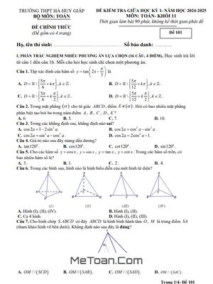 Đề giữa kỳ 1 Toán 11 năm 2024 - 2025 trường THPT Hà Huy Giáp - Cần Thơ