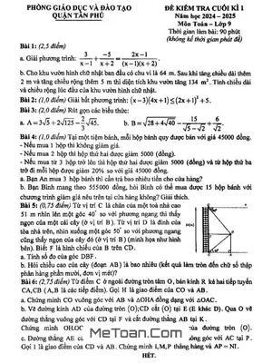 Đề Thi Hết Học Kì 1 Toán 9 Năm 2024 - 2025 Phòng GD&ĐT Tân Phú - TP.HCM