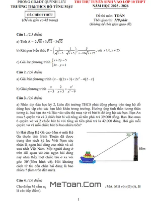 Đề thi thử Toán vào lớp 10 năm 2025 - 2026 trường TH&THCS Hồ Tùng Mậu - Nghệ An