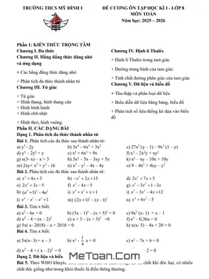 Đề cương ôn tập học kì 1 môn Toán 8 năm học 2025 – 2026 Trường THCS Mỹ Đình 1 – Hà Nội