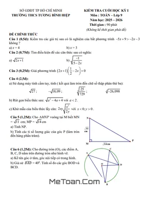 Đề Thi Cuối Kỳ 1 Môn Toán Lớp 9 (2025 – 2026): Tài Liệu Ôn Tập Chất Lượng Cao Từ THCS Tương Bình Hiệp, TP Hồ Chí Minh