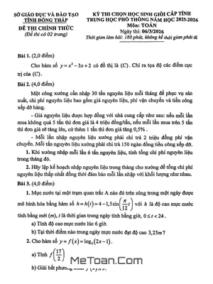 Đề chọn học sinh giỏi tỉnh Toán THPT năm 2025 – 2026 Sở GD&ĐT Đồng Tháp