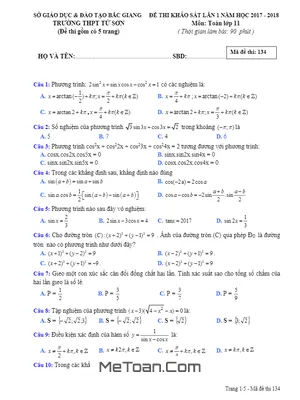 Đề thi khảo sát Toán 11 lần 1 năm học 2017 - 2018 trường THPT Tứ Sơn - Bắc Giang