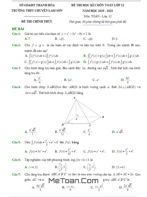 Đề thi HK1 Toán 12 năm 2019 – 2020 trường chuyên Lam Sơn – Thanh Hóa