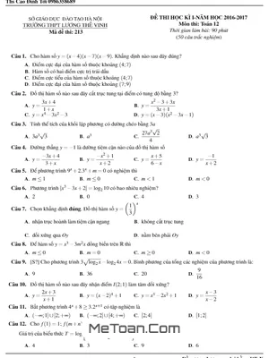 Đề thi HK1 Toán 12 năm học 2016 - 2017 trường Lương Thế Vinh - Hà Nội
