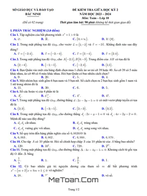 Đề kiểm tra giữa học kỳ 2 Toán 10 năm 2023 - 2024 sở GD&ĐT Bắc Ninh