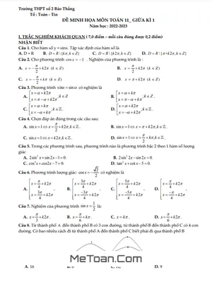 Đề minh họa Toán 11 giữa kì 1 năm 2022 - 2023 trường THPT Bảo Thắng 2 - Lào Cai