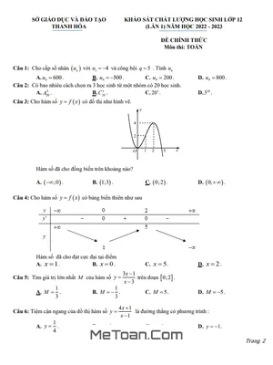 Đề khảo sát chất lượng Toán 12 lần 1 năm 2022 – 2023 sở GD&ĐT Thanh Hóa