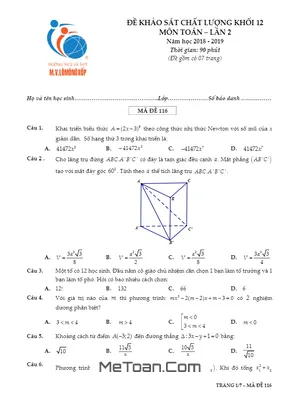 Đề khảo sát chất lượng Toán 12 năm 2018 - 2019 trường M.V Lômônôxốp - Hà Nội lần 2