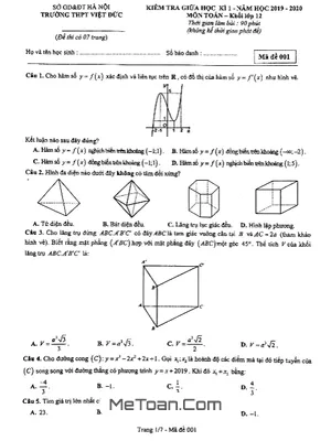 Đề kiểm tra giữa học kì 1 Toán 12 năm 2019 - 2020 trường Việt Đức - Hà Nội