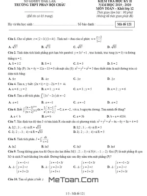 Đề thi HK2 Toán 12 năm 2019 – 2020 trường THPT Phan Bội Châu – Đắk Lắk