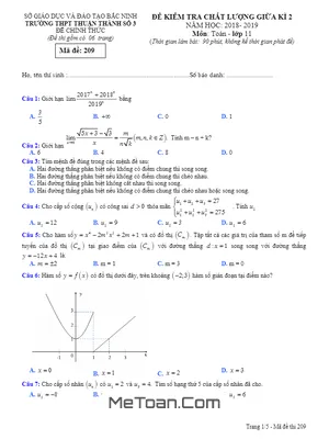 Đề kiểm tra giữa kì 2 Toán 11 năm 2018 - 2019 trường Thuận Thành 3 - Bắc Ninh