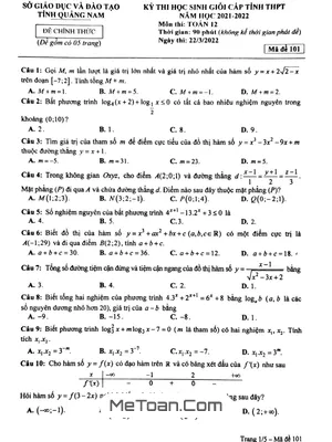 Đề thi học sinh giỏi tỉnh Toán 12 năm 2021 - 2022 sở GD&ĐT Quảng Nam