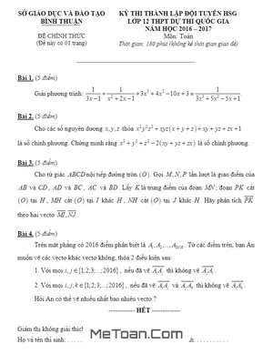 Đề thi chọn HSG Toán 12 tỉnh Bình Thuận năm 2016 - 2017 có lời giải