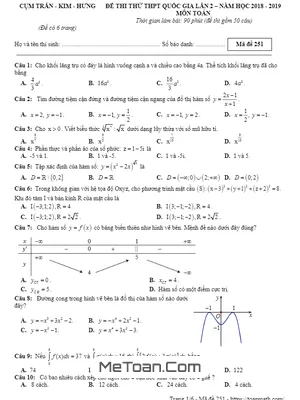 Đề thi thử Toán THPT Quốc gia 2019 lần 2 cụm Trần – Kim – Hưng – Hưng Yên