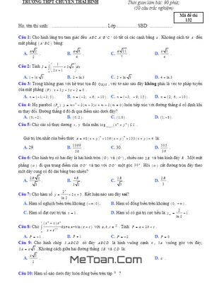 Đề thi thử THPTQG 2018 môn Toán trường THPT chuyên Thái Bình lần 4 có đáp án