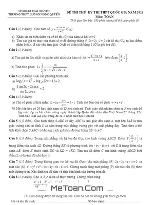 Đề thi thử THPT Quốc gia 2015 môn Toán trường Lương Ngọc Quyến – Thái Nguyên