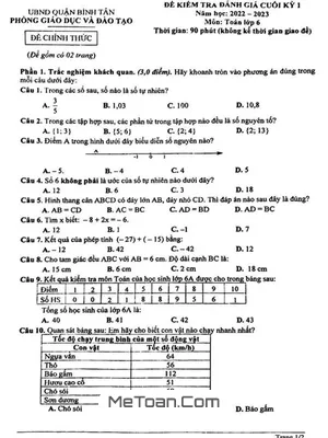 Đề Thi Cuối Kỳ 1 Toán 6 Năm 2022 - 2023 Phòng GD&ĐT Bình Tân - TP HCM