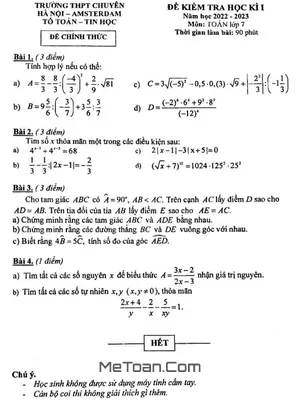 Đề thi học kỳ 1 Toán 7 năm 2022 - 2023 trường THPT chuyên Hà Nội - Amsterdam