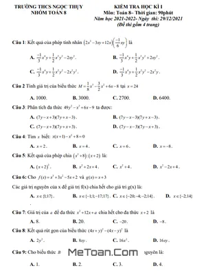 Đề thi học kì 1 Toán lớp 8 năm 2021 - 2022 trường THCS Ngọc Thụy có đáp án