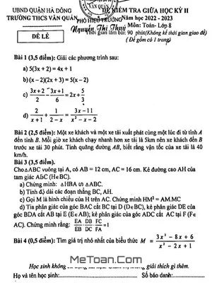Đề Thi Giữa Học Kỳ 2 Môn Toán Lớp 8 Năm 2022 - 2023 Trường THCS Văn Quán - Hà Nội (Có Lời Giải)